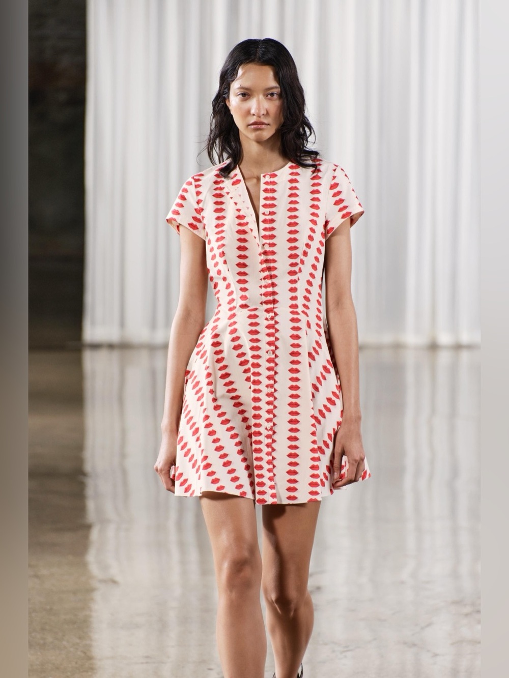 Zara Lip Print Skater Dress NWT Size L Fit & Flare Mini